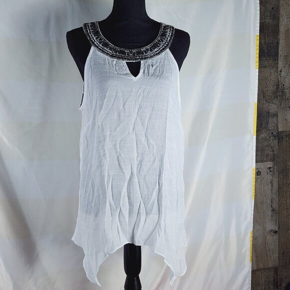 AB Studio White Handkerchief Hem Sleeveless Rayon Poly Gauze Jewel Neck Tunic XL - Picture 1 of 16